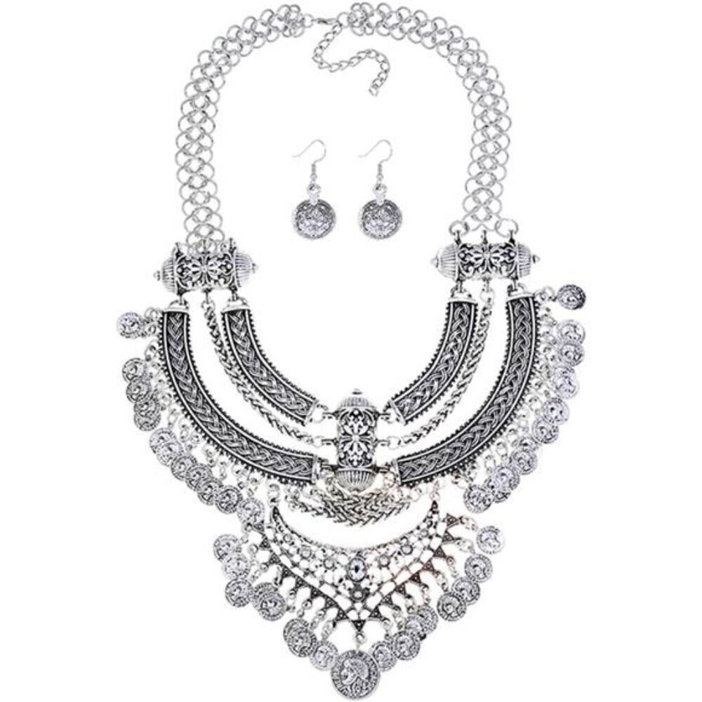 Women Vintage Bohemian Silver Gypsy Bib Chunky Festival Statement Coin Necklace
